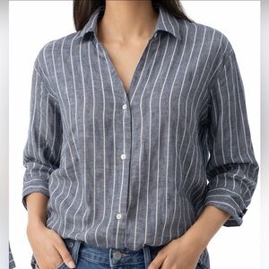NWT Uniqlo Premium Linen Shirt XS Navy Stripe 100% Linen Skipper Collar